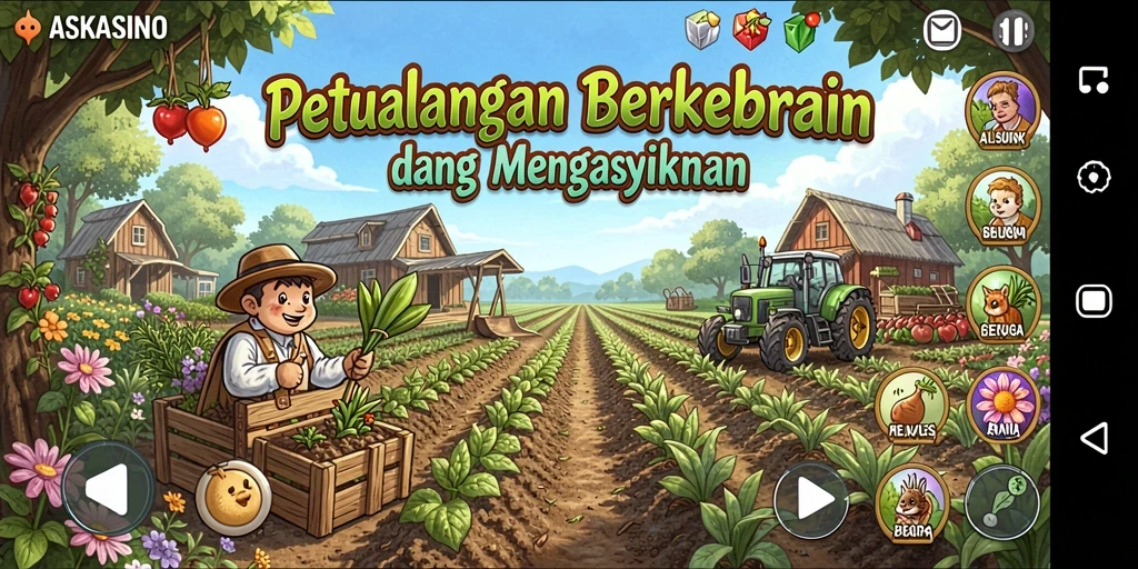 Tampilan permainan ASKASINO yang menampilkan kebun yang indah dan hewan ternak.