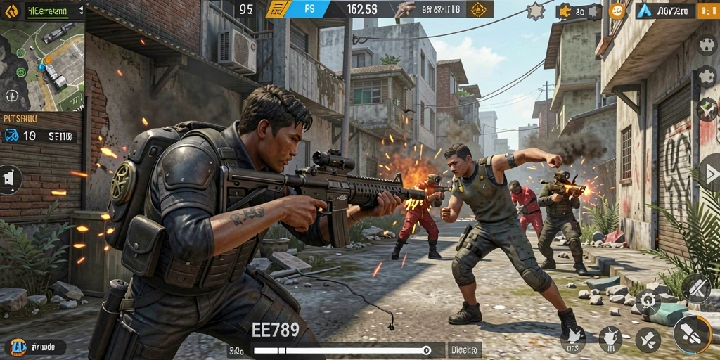 Screenshot EE789 menampilkan aksi pertarungan FPS yang intens.