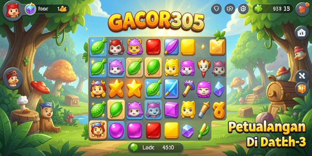 Screenshot GACOR305 menampilkan gameplay Match-3 yang seru dan penuh warna.