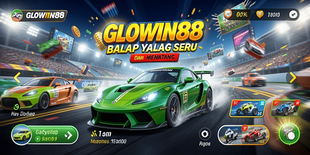 Screenshot GLOWIN88 menampilkan serunya balapan mobil di trek yang menantang.