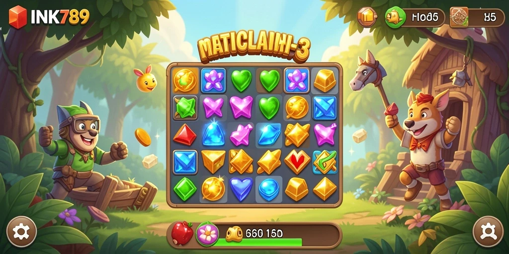 Tampilan gameplay INK789 dengan permata berwarna dan tantangan seru.