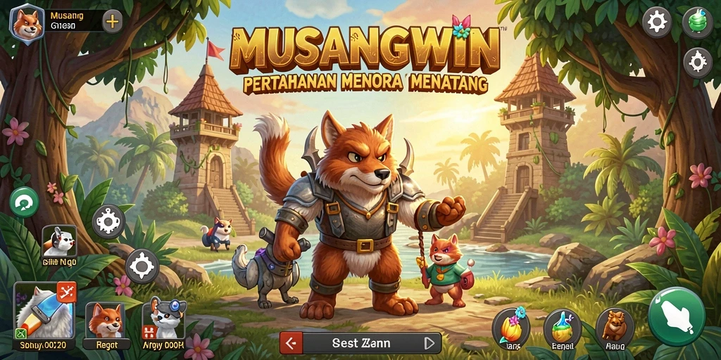 Screenshot gameplay MUSANGWIN menunjukkan aksi pertahanan menara yang intens.