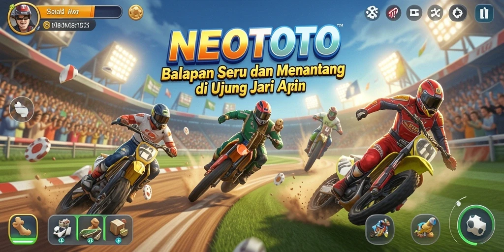 Screenshot NEOTOTO menampilkan momen balapan yang seru dengan grafis penuh warna.