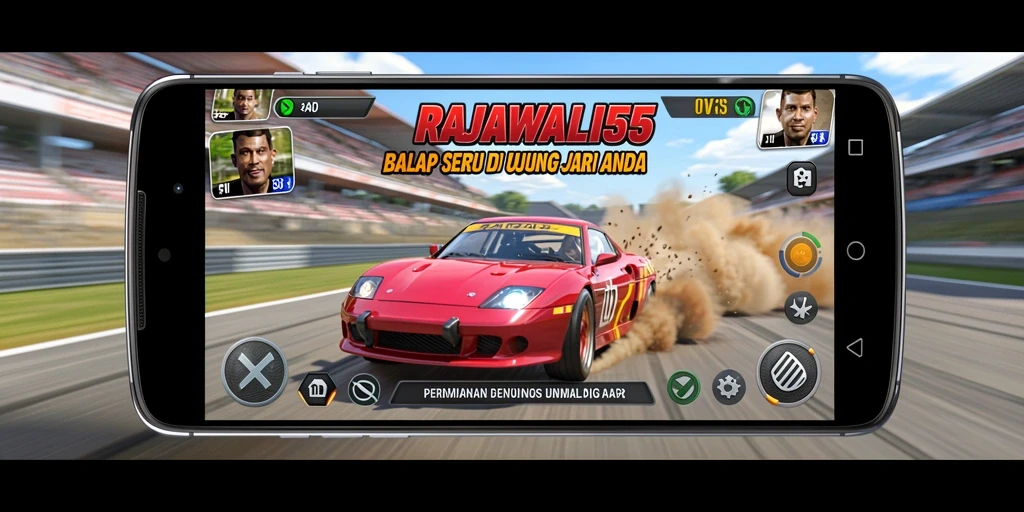 Tampilan gameplay seru di RAJAWALI55 dengan mobil balap dan lintasan menegangkan.