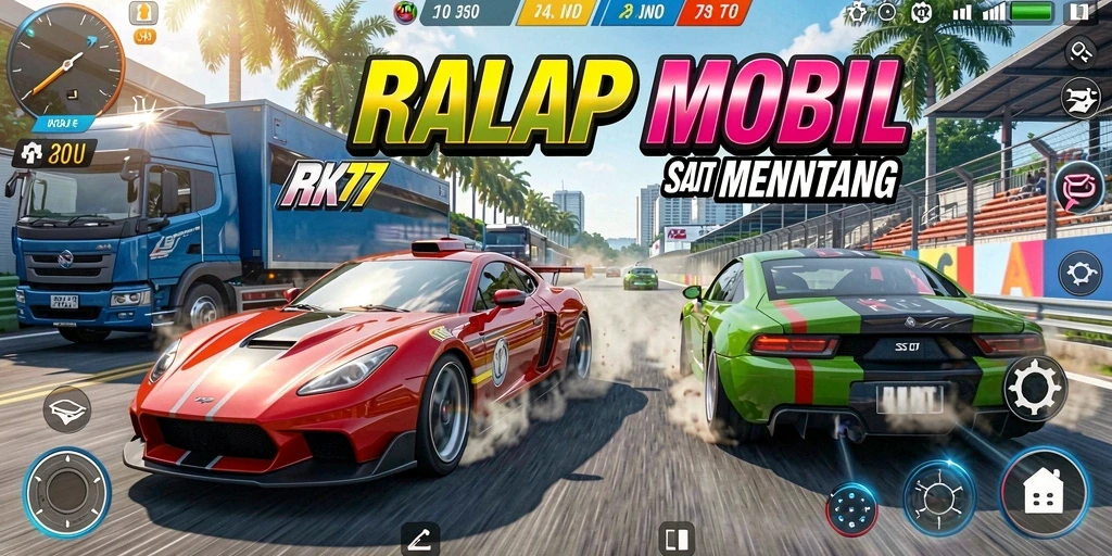 Tampilan gameplay RK77 yang mendebarkan dan penuh aksi balapan.