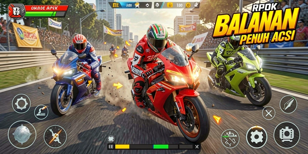 Tampilan screenshot gameplay RPOK dengan balapan motor yang mendebarkan.