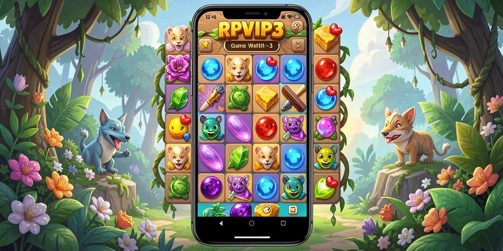Tangkapan layar gameplay RPVIP3 yang menampilkan kombinasi warna cerah dan tantangan Match-3.