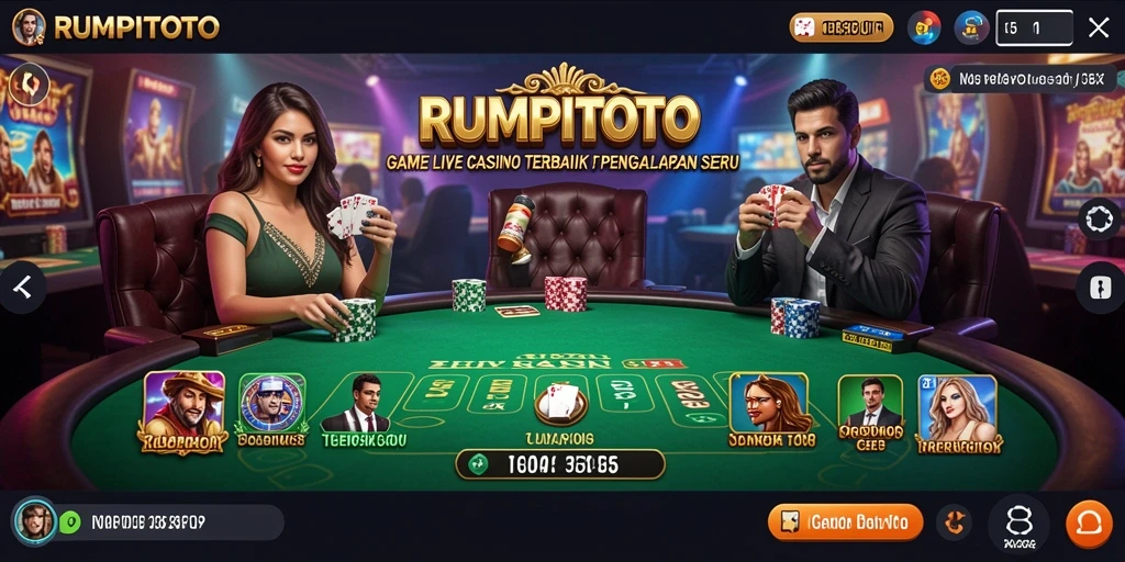 Screenshot gameplay RUMPITOTO menampilkan dealer profesional dan suasana kasino yang otentik.