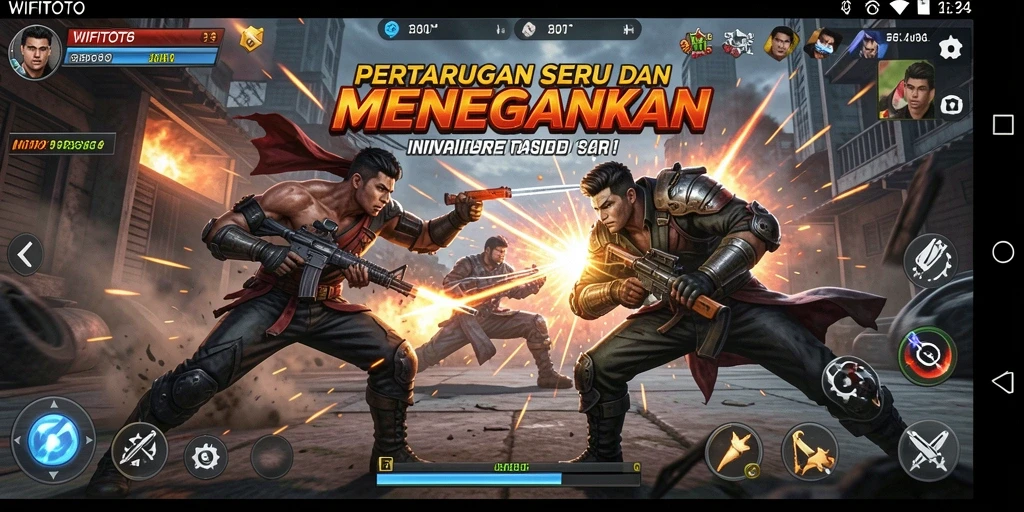 Tangkapan layar gameplay WIFITOTO menampilkan karakter bertarung dalam arena yang dinamis.
