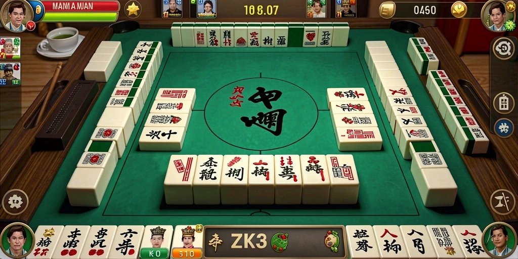 Tangkapan layar utama <strong>ZK3</strong> menampilkan gameplay seru dengan ubin Mahjong yang berwarna-warni.